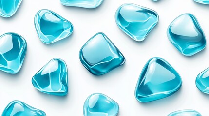 A close-up of shiny turquoise liquid pods scattered on a light background, creating a vibrant and refreshing visual.