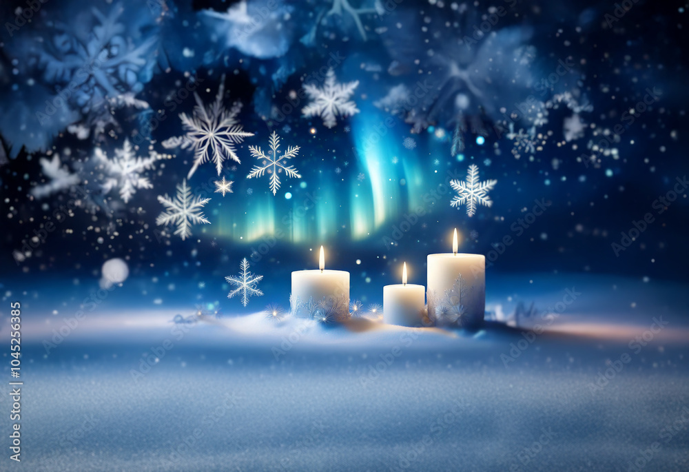 Poster Three white candles glow in the snow, surrounded by snowflakes and a swirling aurora borealis.