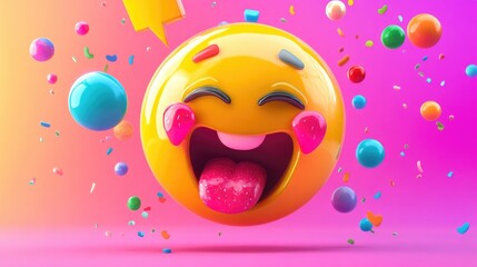 2D cartoon rendering of a candy gift emoticon face expressing kisses featuring a vibrant speech bubble in a playful design