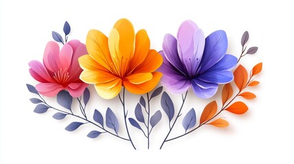 Obraz premium A vibrant arrangement of pink, orange, and purple flowers with delicate leaves on a light background.