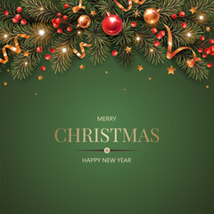 Square banner with gold and red Christmas symbols and text. Christmas tree, balls, golden tinsel confetti and snowflakes on a green background.
