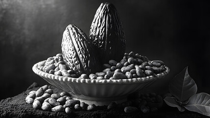 Fototapeta premium Sophisticated Black and White Artistic Representation of Cacao Beans and an Opulent Chocolate Dessert