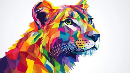 A vibrant, colorful illustration of a lioness showcasing geometric patterns and vivid hues.