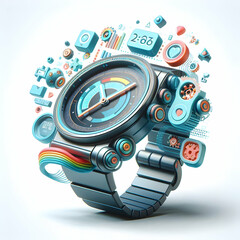3D Digital Watch Holographic Step Indicators Automation Signals Modern Device Efficiency Copy Space Left Side Branding White Background Icon