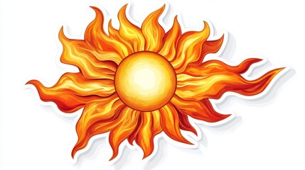 A vibrant, stylized sun illustration with swirling orange and yellow rays, radiating warmth and energy.
