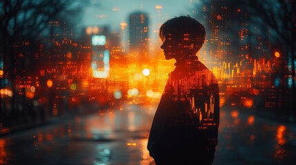 Businessperson in silhouette with a city skyline and abstract data overlay during twilight