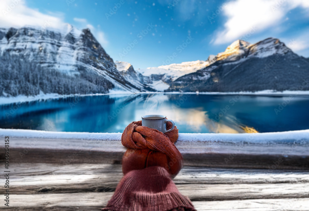 Poster A hand in warm gloves holds a steaming mug against a backdrop of snow-capped mountains reflecting in a pristine lake.