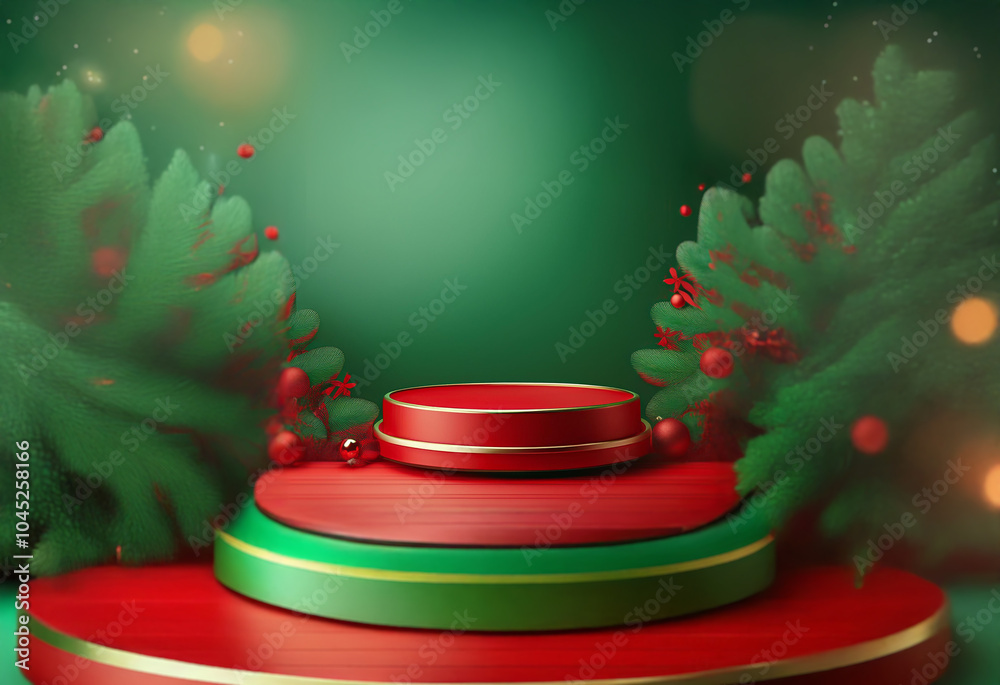 Canvas Prints A red and green circular podium with a blurred background of Christmas trees and lights.