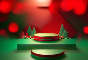 A green and red 3D rendering of a platform for product display with festive decorations.