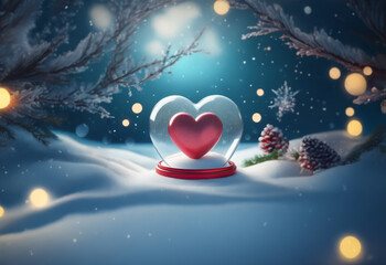 Naklejka premium A red heart sits inside a glass snow globe surrounded by a snowy landscape and twinkling lights.