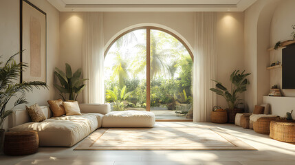 Design for a cream-colored apartment living room with smooth arc doors, comfortable furniture, and simple lighting.