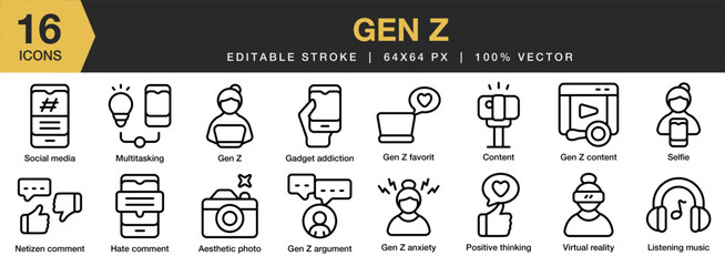 Gen Z icon set. Editable Stroke Icon Collection. Includes aesthetic photo, content, gadget addiction, anxiety, argument, and More. Outline icons vector collection.