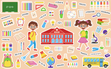 Fototapeta premium Set of school supplies and schoolchildren stickers. Back to school.