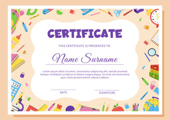 School diploma, certificate template with school supplies.