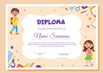 School diploma, certificate template with school supplies and schoolchildren.