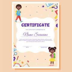 School diploma, certificate template with school supplies and schoolchildren.