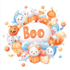 Cartoonish "Boo" with playful ghosts and candy, bright Halloween scene 