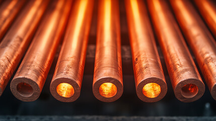 Close-up of heated copper pipes, showcasing the vibrant orange glow from molten metal, symbolizing industrial manufacturing processes.
