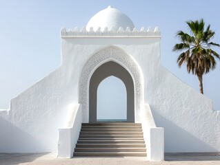 Fototapeta premium A white building with a large archway. The archway is open and there are stairs leading up to it