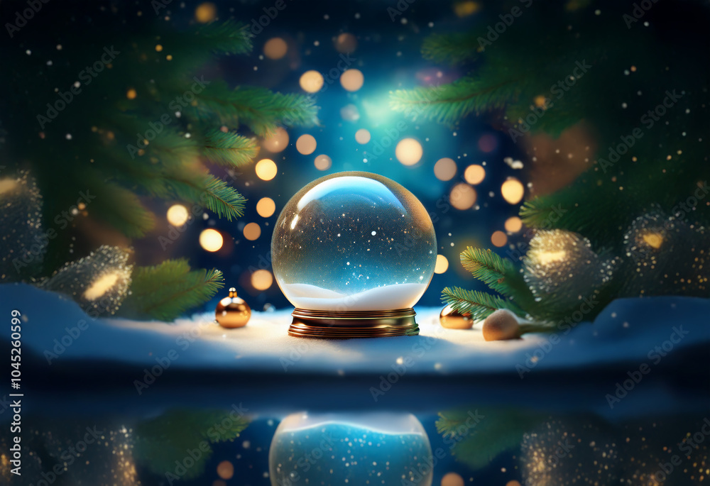Aufkleber a snow globe sits in a snowy landscape surrounded by evergreen branches and shimmering lights.