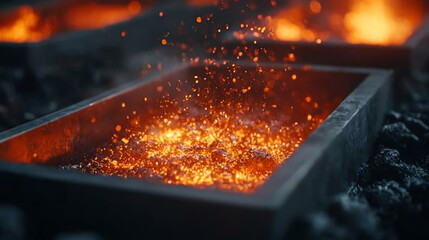 Fototapeta premium Close-up view of molten metal glowing in a furnace, with vibrant sparks flying in a dark industrial setting, creating a striking contrast.