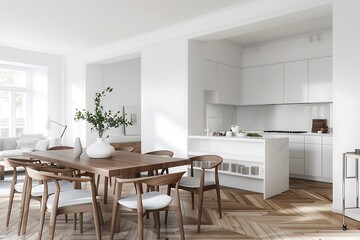 Modern living room interior with table with chairs, parquet floor and decors