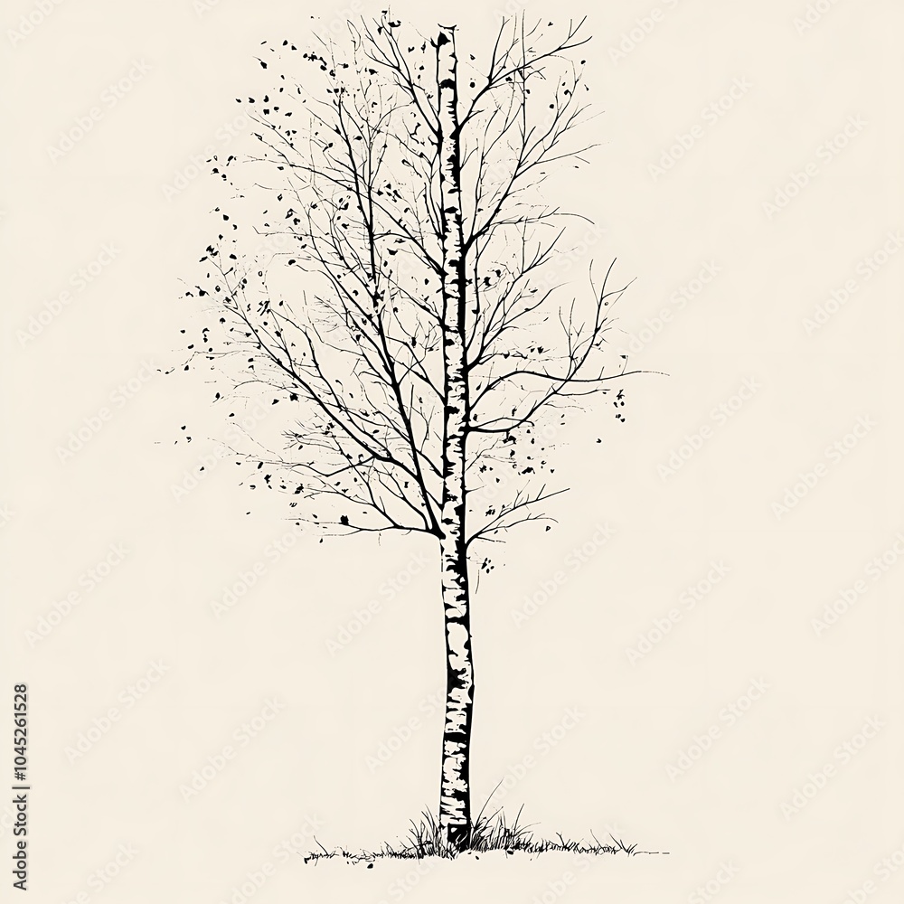 Poster hand-drawn illustration of a bare birch tree with a white trunk and branches.