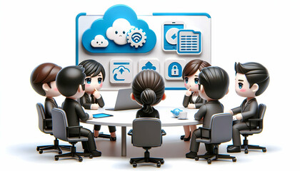 3D Team Discussing Cloud Security Strategies Candid Photography Indoor Meeting Room Serious Expressions Teamwork Problem Solving Competence Collaborative Solutions Iconic Design White Background