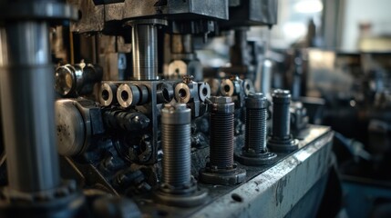 Fototapeta premium Auto parts factory machinery, working at full capacity to meet the demand for car components.