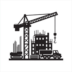 Construction Site Crane silhouette on white background