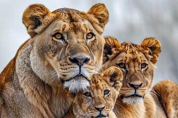 Fototapeta premium A close-up portrait of a lion family with expressive eyes on a gray background, capturing their emotions and bond