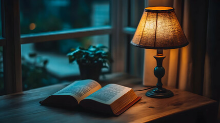 Obraz premium A Book Resting on a Wooden Table Beside a Warm Lamp, Creating a Cozy Reading Atmosphere