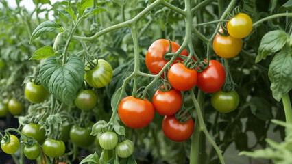 Red and green tomatoes growing on vine in garden