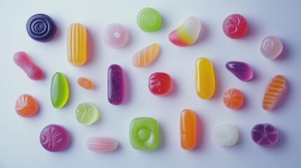 Fototapeta premium Jelly candies of different shapes and colors arranged playfully on a white surface, highlighting their vivid tones.