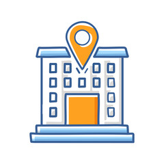 Real estate agency flat icon. Building with location symbol vector illustration.