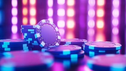 Vibrant casino poker chips stacked on a table with colorful lights illuminating the background during an exciting night of gaming