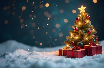 Obraz premium The festive Christmas tree shines brightly with ornaments and a star on top, surrounded by colorful gifts nestled in soft snow under a starry night sky