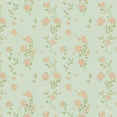 
"A light mint green wallpaper adorned with a charming pattern of tiny peach-colored flowers with intricate green leaves, scattered playfully across the surface. The design is gentle and warm, adding 