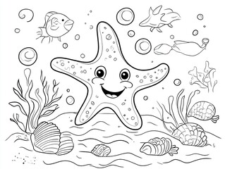 Happy cartoon starfish surrounded by seashells, bubbles, seaweed, and fish on the ocean floor