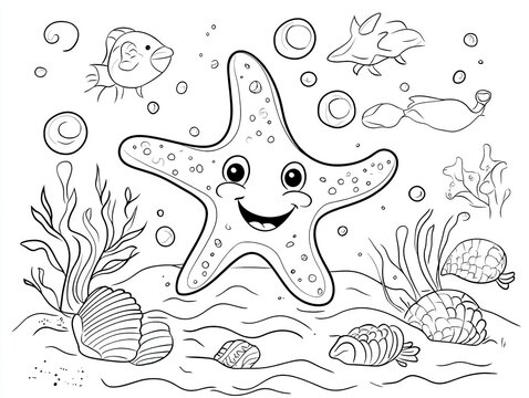 Happy cartoon starfish surrounded by seashells, bubbles, seaweed, and fish on the ocean floor