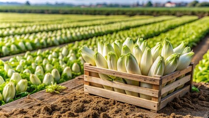 Fototapeta premium Fresh chicory in a wooden crate