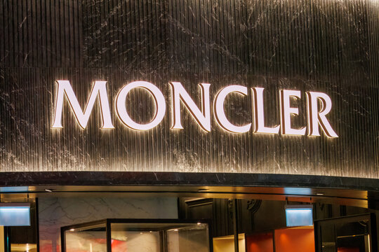 MONCLER  luxury brand retail shop logo signboard on the storefront, Istanbul Airport.