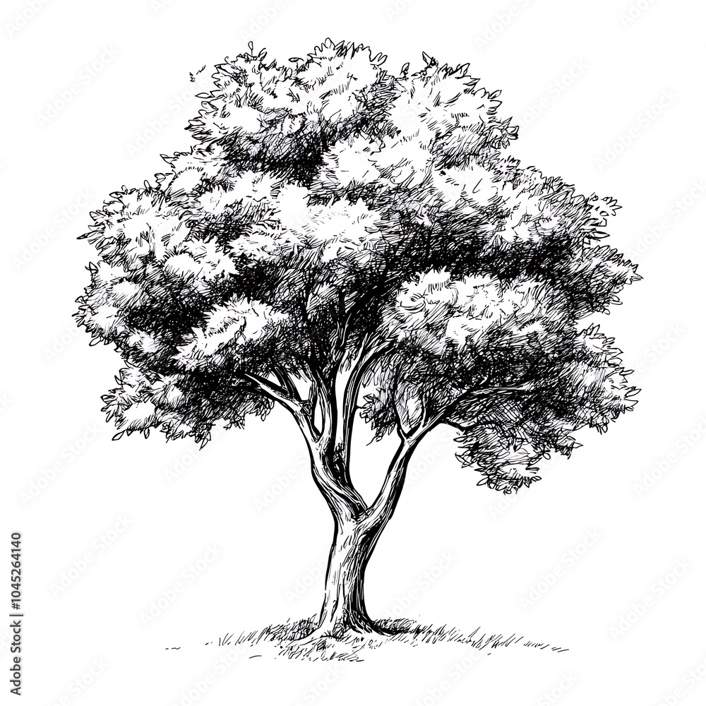 Poster hand-drawn illustration of a tree with a thick trunk and a full canopy of leaves.
