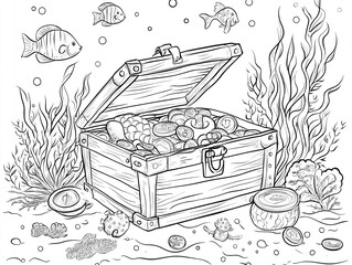 Illustration of an underwater treasure chest filled with coins and pearls, surrounded by fish, seaweed, and corals