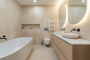 Fototapeta premium Modern bathroom with a freestanding bathtub, floating vanity, beige tiles, and large window bringing in natural light