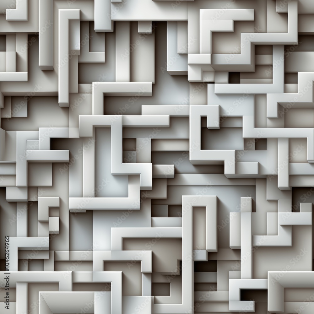 Poster this piece features a complex arrangement of interlocking geometric shapes in neutral shades, creati