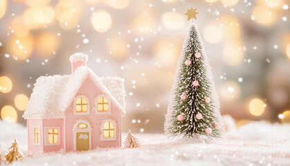 Obraz premium Whimsical pink christmas wonderland scene. A magical pink Christmas scene featuring a beautifully decorated tree and snowy landscape