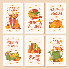 Hello, Autumn. Happy thanksgiving. Set cards with books, pumpkin, fruit, watering can and autumn leaves. Vector illustration for banner, holiday cover, marketing, sale. © Tatiana Bass
