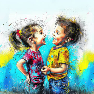 A cute little girl and boy, laughing together, in a colorful graffiti style, with a sky-blue and yellow background. Illustration with ultra-high definition details, hand-drawn lines, ink painting.