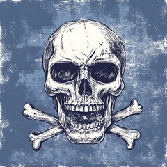 Hand-drawn skull with crossbones on a blue grunge background.